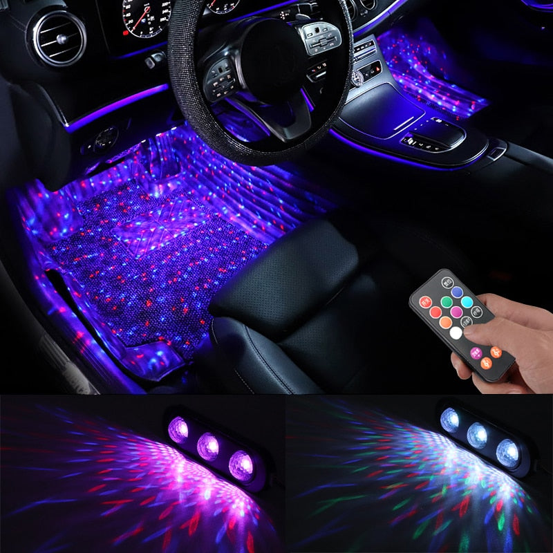 Niscarda 4pcs Car LED Starry Foot Light USB Atmosphere Ambient DJ Mixed Colorful Music Rhythm Sound Voice Control Laser Lamp