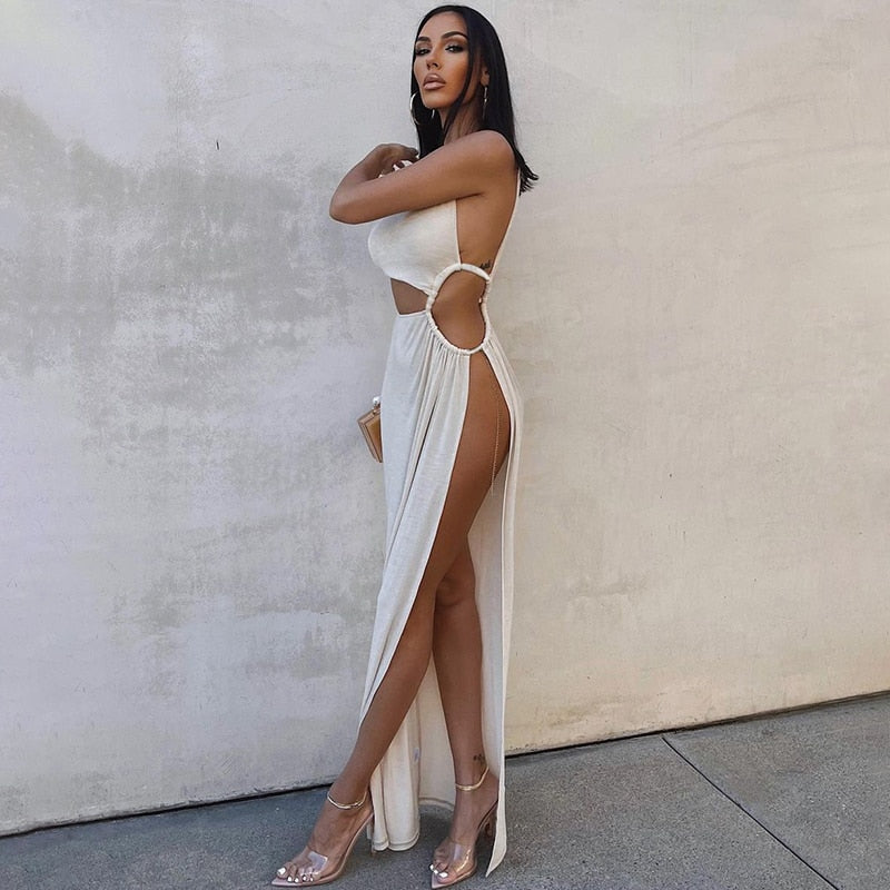 Women Round Cutouts Asymmetrical Neck Elegant Stunning Maxi Dress Midnight Party Robe Female Side Split White Dresses