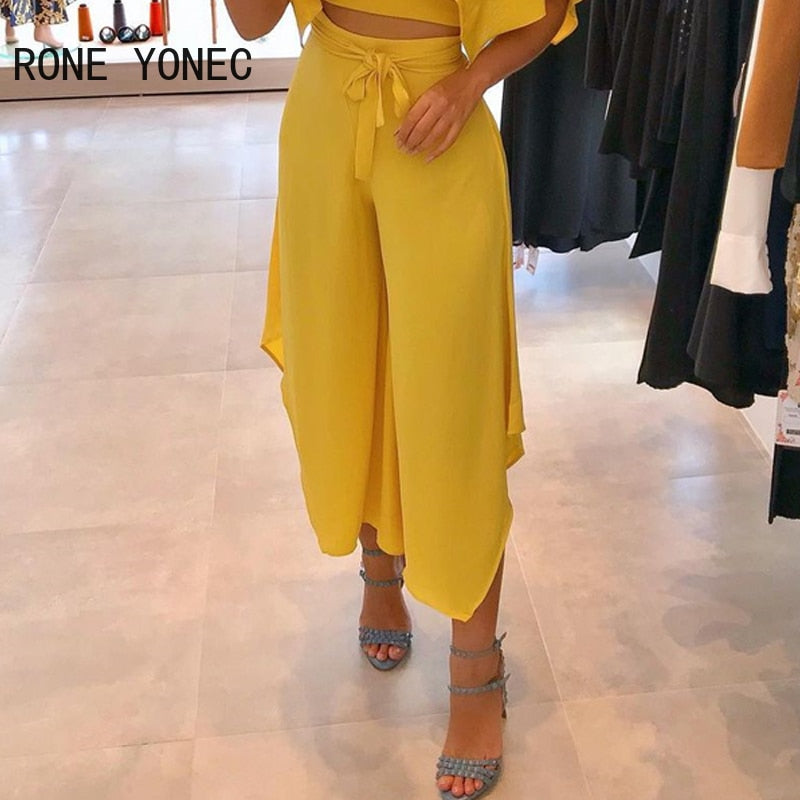 Women Elegant V-Neck Ruffles Trim Crop Top & Plain Pants Set Casual Set Vacation Set 2021