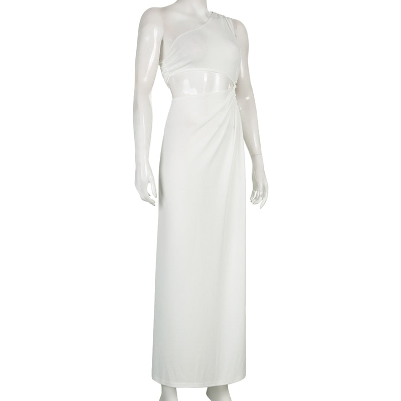 Women Round Cutouts Asymmetrical Neck Elegant Stunning Maxi Dress Midnight Party Robe Female Side Split White Dresses