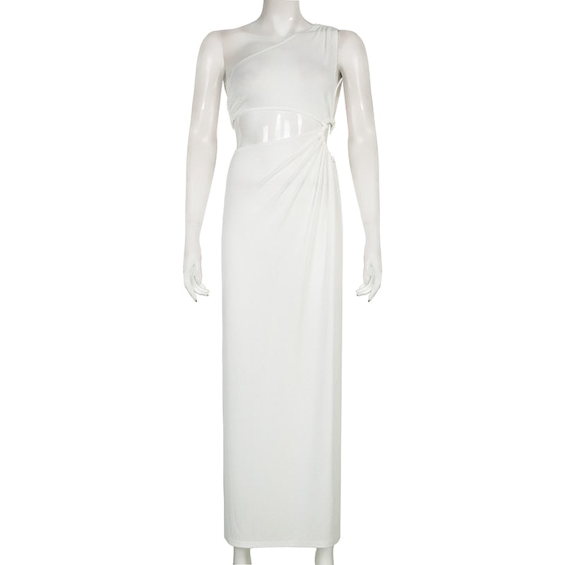 Women Round Cutouts Asymmetrical Neck Elegant Stunning Maxi Dress Midnight Party Robe Female Side Split White Dresses