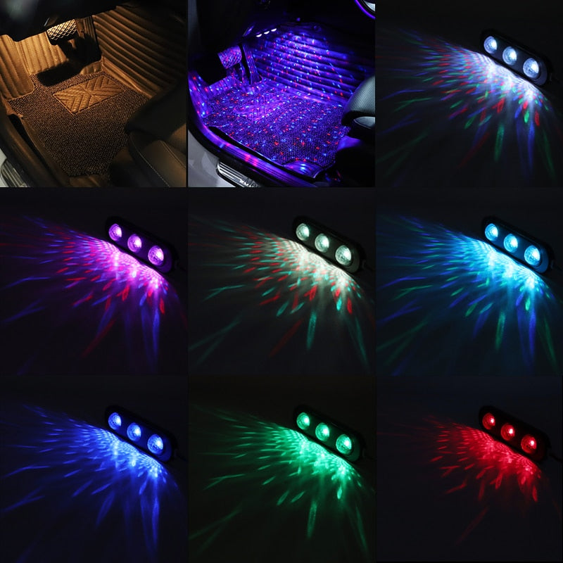 Niscarda 4pcs Car LED Starry Foot Light USB Atmosphere Ambient DJ Mixed Colorful Music Rhythm Sound Voice Control Laser Lamp