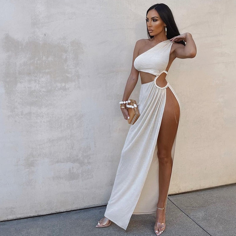 Women Round Cutouts Asymmetrical Neck Elegant Stunning Maxi Dress Midnight Party Robe Female Side Split White Dresses