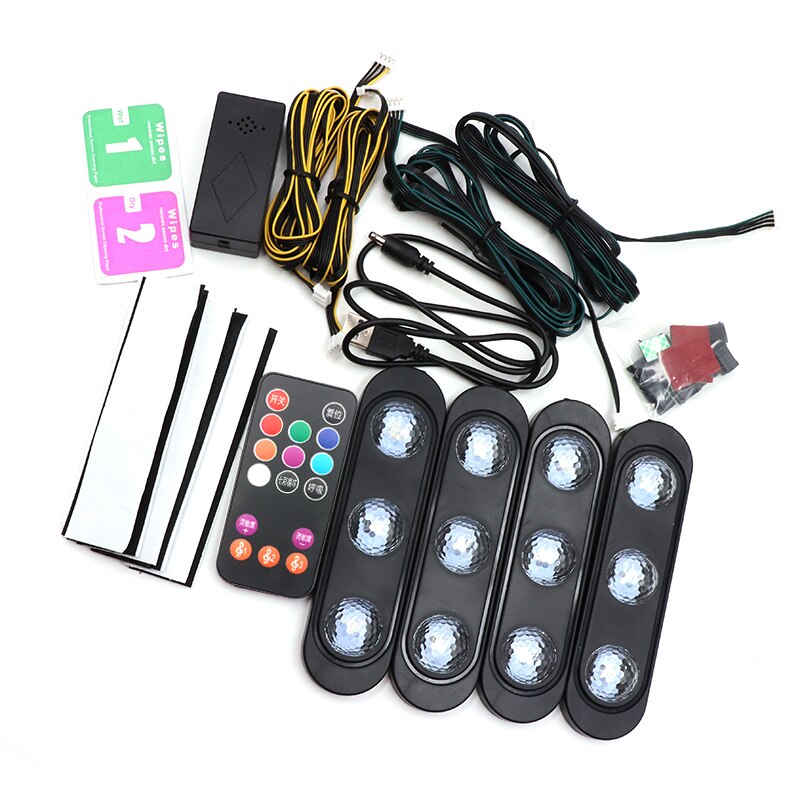 Niscarda 4pcs Car LED Starry Foot Light USB Atmosphere Ambient DJ Mixed Colorful Music Rhythm Sound Voice Control Laser Lamp