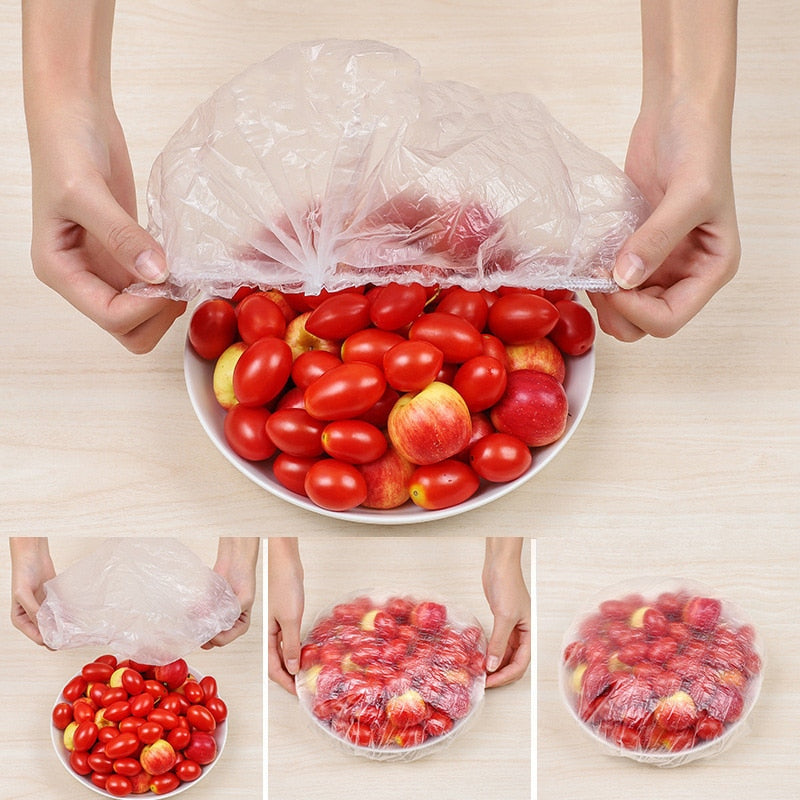 Disposable Food Cover Plastic Wrap Elastic Food Lids For Fruit Bowls Cups Caps Storage Kitchen Fresh Keeping Saver Bag