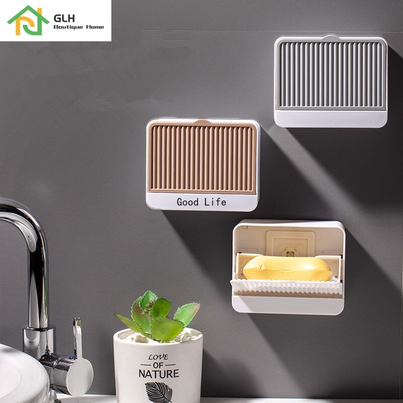 Creative Wall Mounted Soap Box With Lid Double Grids Soap Draining Rack Bathroom Soap Holder